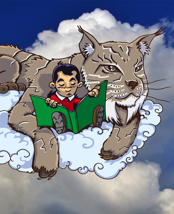 imagen de niño leyendo con lince en las nubes